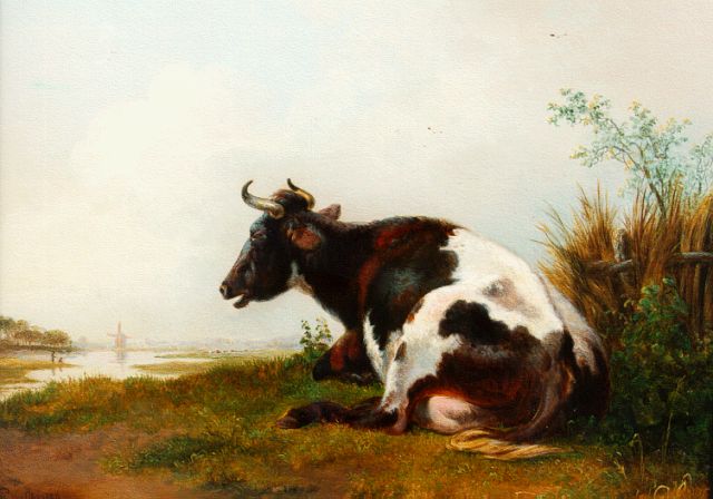 Os P.G. van | A cow in a river landscape, oil on panel 22.0 x 28.5 cm, signed l.l. and dated 1836