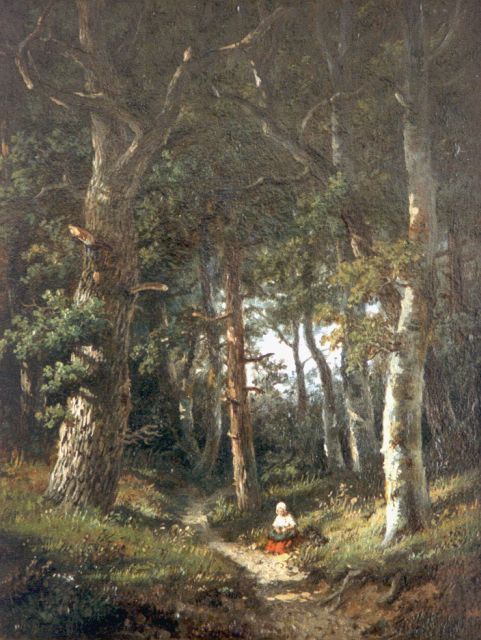 Wijngaerdt A.J. van | A figure in a forest, oil on panel 14.5 x 10.0 cm, signed l.l. with monogram