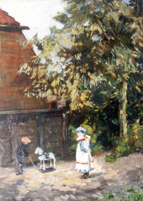 Bergh P.A. van den | Children playing on a yard, oil on panel 42.1 x 30.7 cm, signed l.l.