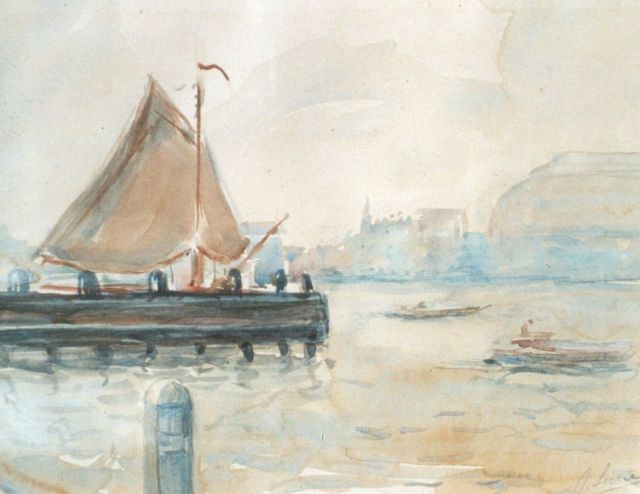 Surie J.  | View of the IJ, Amsterdam, with the Central Station beyond, watercolour on paper 26.1 x 32.0 cm, signed l.r.