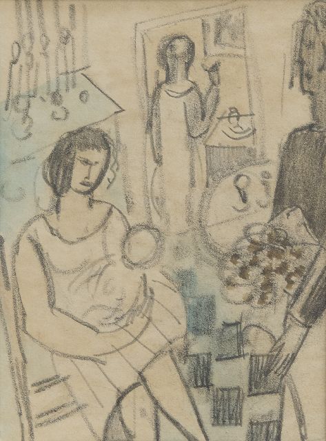 Rees O. van | Interior with figures, pencil, chalk and watercolour on paper 15.0 x 11.0 cm, painted ca 1926
