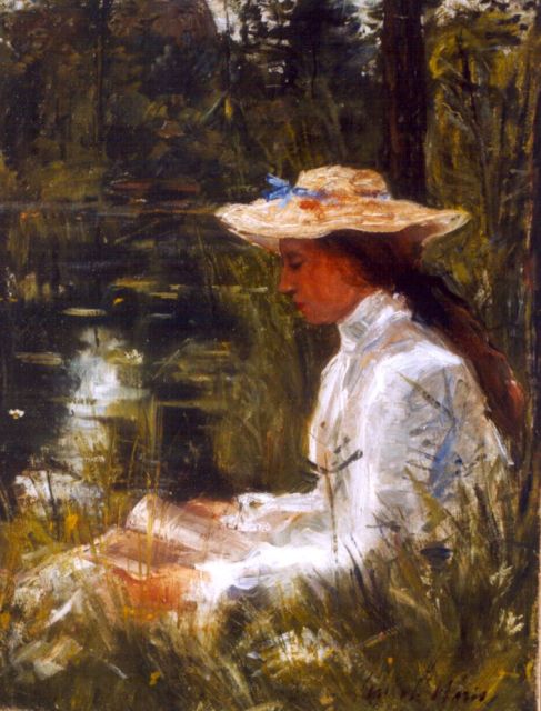 Simon Maris | An elegant lady reading by a pond, oil on canvas, 52.3 x 40.0 cm, signed l.r.