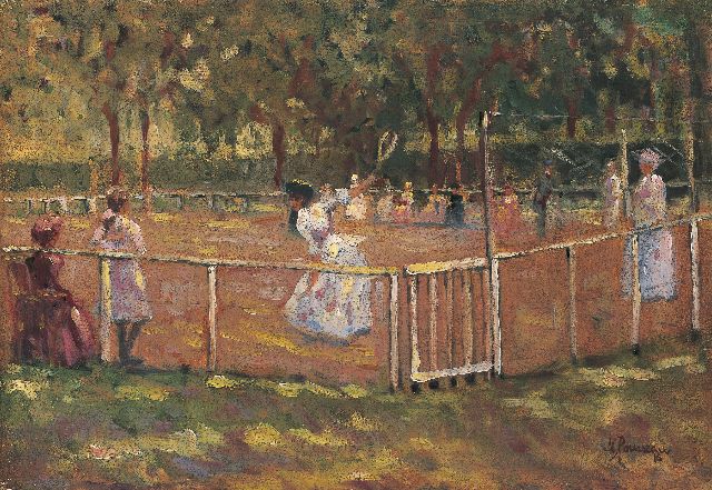 Rousseau M.  | Playing tennis (after composition of John Lavery), oil on panel 38.0 x 55.0 cm, signed l.r. and dated '16