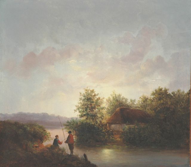 J.G. Hans | Anglers in a river landscape by sunset, oil on panel, 27.1 x 31.1 cm, signed l.l. and dated '47