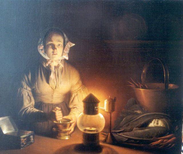 Schendel P. van | A young woman by candlelight, oil on panel 27.2 x 31.4 cm, signed c.r.