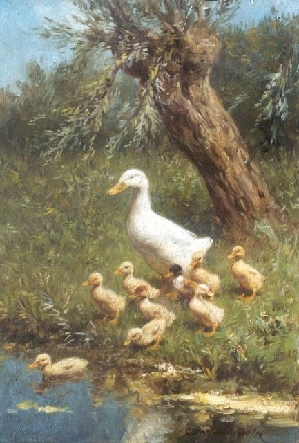 Constant Artz | Ducks with ducklings watering, oil on panel, 23.9 x 17.9 cm, signed l.r. and on a label on the reverse
