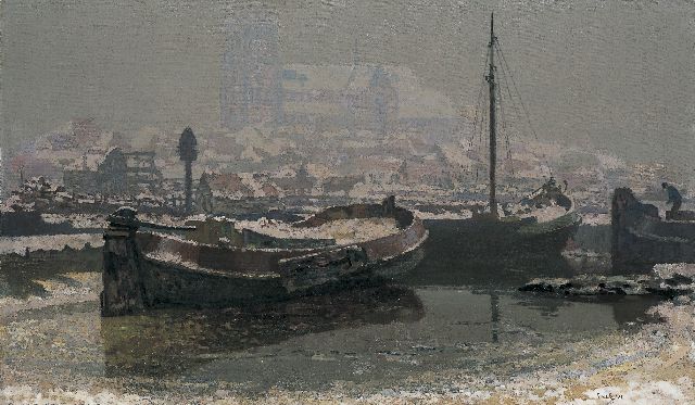 Bakels R.S.  | The harbour of Dordrecht in winter, oil on canvas 73.0 x 124.0 cm, signed l.r. and dated '31