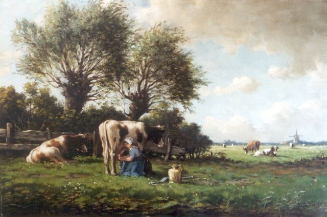 Adriaan Marinus Geijp | Milk-maid at work, oil on canvas, 36.5 x 54.7 cm, signed l.r.