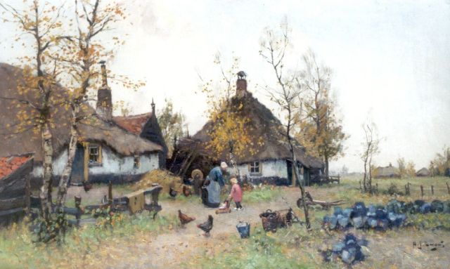 Zwart A.J.  | Mother and child feeding the chickens, oil on canvas 60.7 x 100.3 cm, signed l.r.