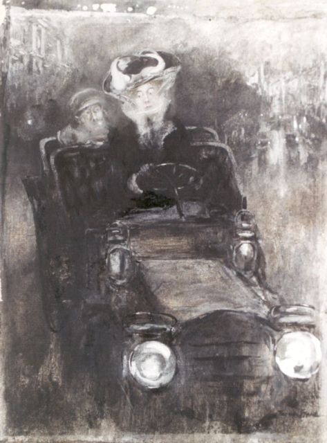 Friedrich Stahl | A female driver, charcoal, watercolour and gouache on paper laid down on cardboard, 27.0 x 20.7 cm, signed l.r.