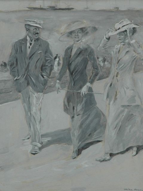 Friedrich Stahl | Strolling on the boulevard, gouache on cardboard, 18.0 x 23.5 cm, signed l.r.