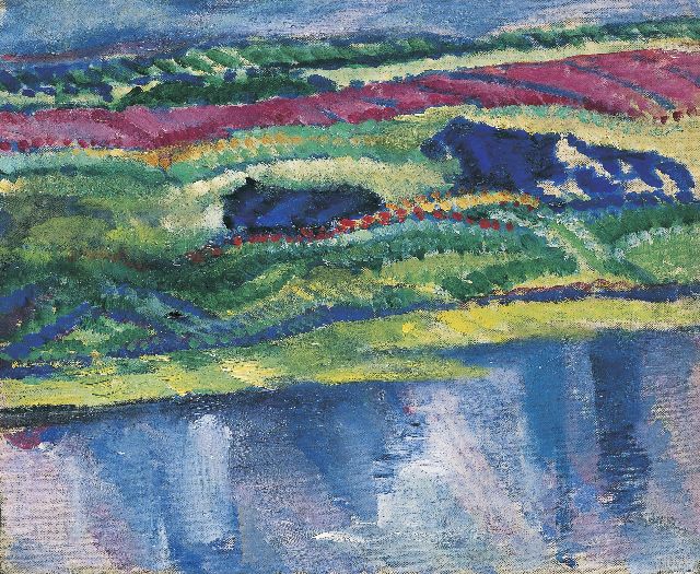 Berg E.  | Landscape with cows, oil on canvas laid down on board 40.0 x 48.5 cm, signed l.r. and painted ca. 1911-1912