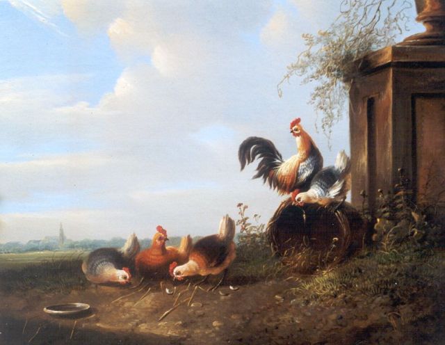 Albertus Verhoesen | Chickens and a rooster in a landscape, oil on panel, 19.6 x 23.9 cm, signed l.r.