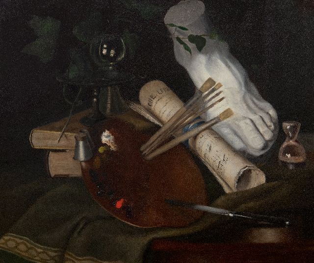 Kasteele J.M. van de | Still life with painter's palette, oil on panel 45.0 x 53.0 cm, signed l.l. with initials