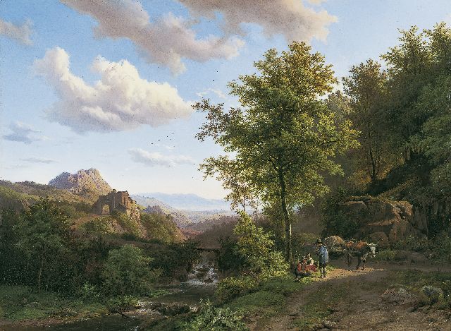 Koekkoek B.C.  | A mountainous landscape with figures on a path, oil on panel 38.5 x 51.9 cm, signed l.r. and dated 1843