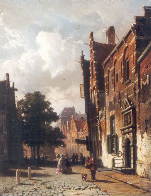 Adrianus Eversen | Figures in a sunlit street, oil on panel, 19.0 x 15.0 cm, signed l.l. and l.r. with monogram