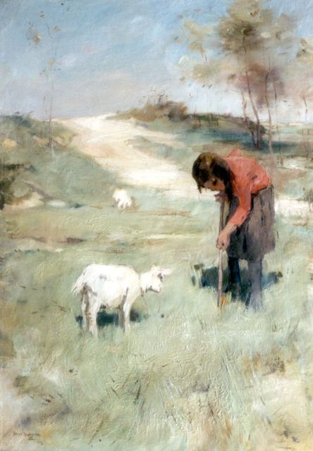 Meegeren H.A. van | A girl and a goat in a landscape, oil on canvas 70.3 x 49.8 cm, signed l.l. and dated '16