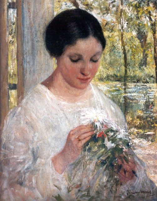 Simon Maris | A young woman with a bouquet, oil on panel, 30.8 x 24.1 cm, signed l.r.