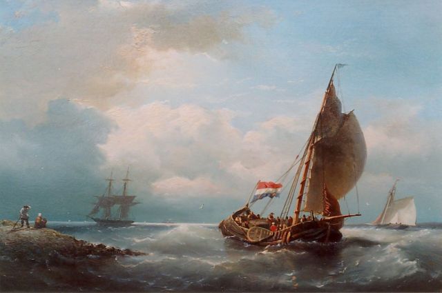 Nicolaas Riegen | Sailing vessels off the coast, oil on panel, 32.7 x 48.3 cm, signed l.l.