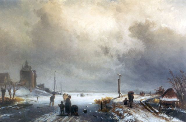 Leickert C.H.J.  | Winter landscape (added staffage by J.H.B. Koekkoek), oil on panel 31.2 x 45.6 cm, signed l.l.