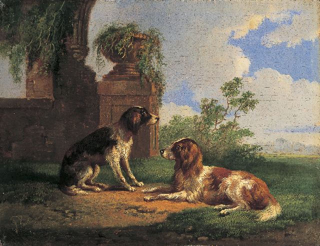 Verhoesen A.  | Two retrievers in a classical landscape, oil on panel 13.0 x 16.9 cm, signed l.l. and dated 1865