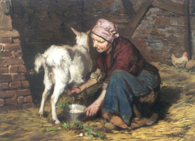 Hendrikus Matheus Horrix | Milking the goat, oil on canvas, 58.4 x 76.3 cm, signed l.r.
