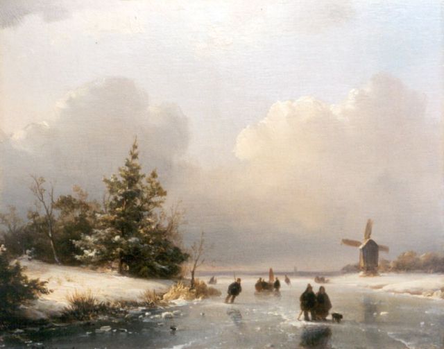 Kleijn L.J.  | A winter landscape with skaters on the ice, oil on panel 18.8 x 23.8 cm, signed l.l.