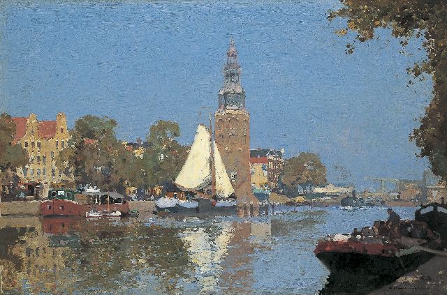 Cornelis Vreedenburgh | A view of the Oude Schans, with the Montelbaanstoren beyond, Amsterdam, oil on canvas, 60.3 x 90.0 cm, signed l.r. and dated 1921