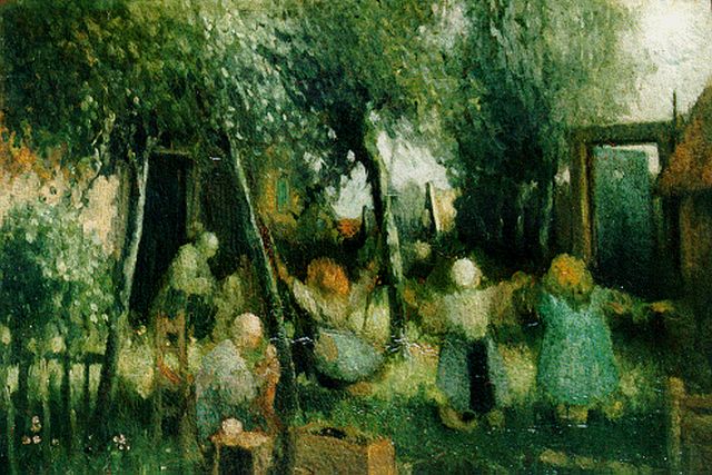 Henri van Daalhoff | Children playing in the garden, oil on panel, 27.0 x 35.5 cm, signed l.r.