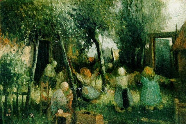 Daalhoff H.A. van | Children playing in the garden, oil on panel 27.0 x 35.5 cm, signed l.r.