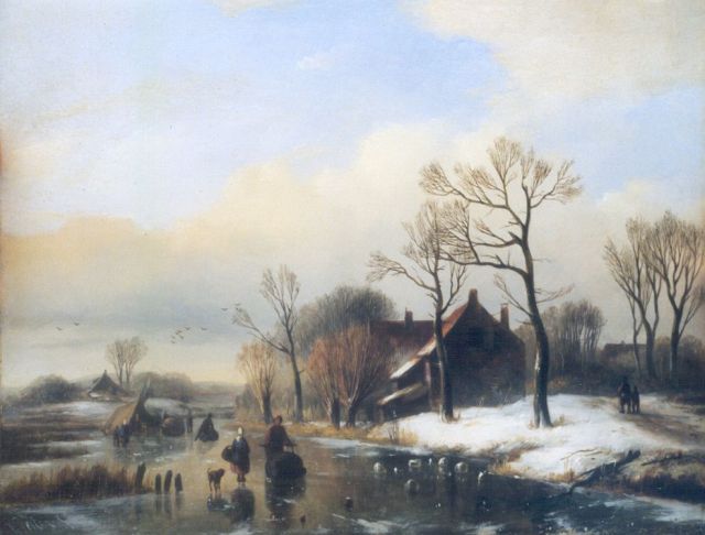 Vester W.  | A frozen river with skaters and a 'koek-en-zopie', oil on panel 25.5 x 32.2 cm, signed l.l.