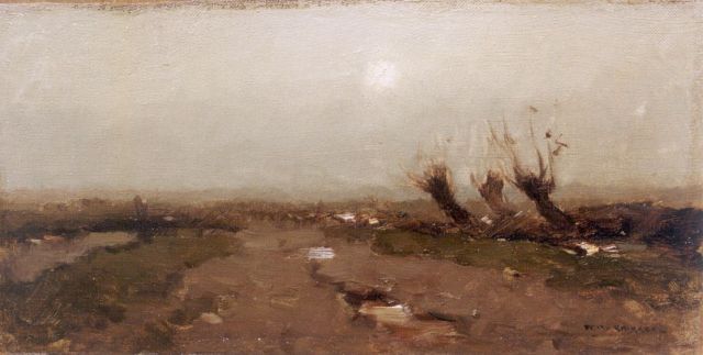 Knikker A.  | Willows in a polder landscape, oil on canvas laid down on painter's board 18.4 x 34.7 cm, signed l.r.