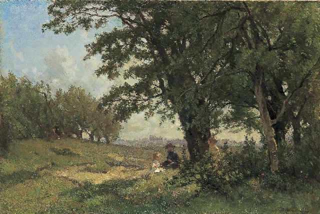 Akkeringa J.E.H.  | Mother with children in a summer landscape, oil on canvas 49.6 x 73.8 cm, signed l.r.