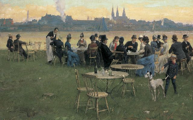 Waay N. van der | A summer evening at the Tolhuis, Amsterdam, oil on canvas 66.0 x 105.0 cm, signed l.l. and painted circa 1891