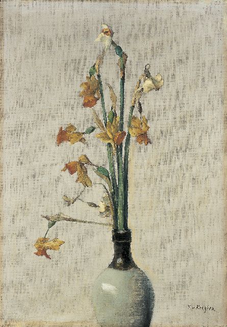 Kregten J.A.R.F. van | A still life with daffodils, oil on canvas laid down on panel 50.0 x 35.0 cm, signed l.r.