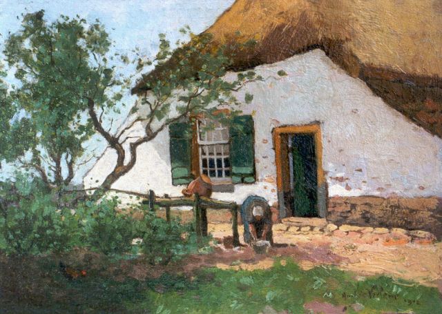 Andries Verleur | A woman on a yard, oil on canvas laid down on panel, 30.1 x 42.5 cm, signed l.r. and dated 1912