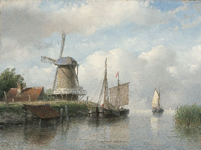 Schelfhout A.  | Moored sailing vessels by a windmill, oil on panel 16.8 x 22.4 cm, signed l.l. and painted between 1843-1858