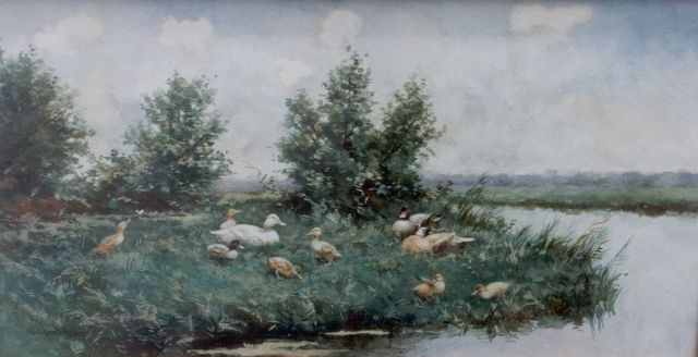 Constant Artz | A duck family at the waterside, watercolour on paper, 28.7 x 52.5 cm, signed signed l.l. fake