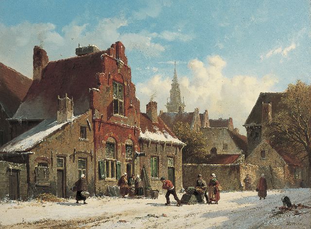 Adrianus Eversen | A snow-covered Dutch town, oil on panel, 31.7 x 42.7 cm, signed l.r. and on the reverse on traces of label