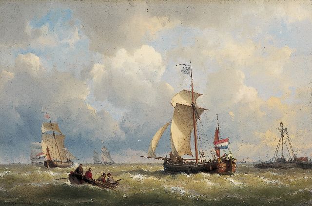 Koekkoek J.H.B.  | Sailing vessels in choppy waters, oil on canvas 36.2 x 54.4 cm, signed l.l.