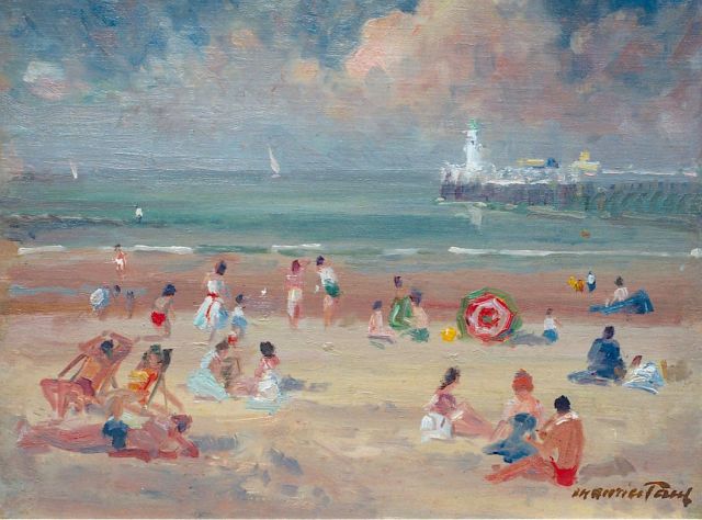 Maurice Paul | Figures on the beach, a lighthouse beyond, oil on canvas laid down on board, 27.1 x 35.0 cm, signed l.r.