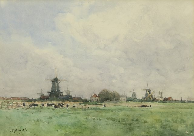 Victor Uytterschaut | Windmills in a Dutch polder landscape, pencil and watercolour on paper, 32.0 x 47.0 cm, signed l.l.