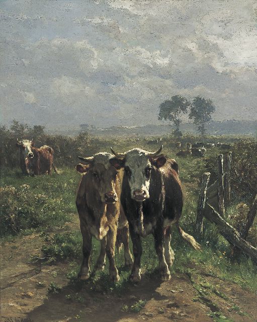 Haas J.H.L. de | Cows in a sunlit Landscape, oil on panel 80.8 x 64.5 cm, signed l.l.