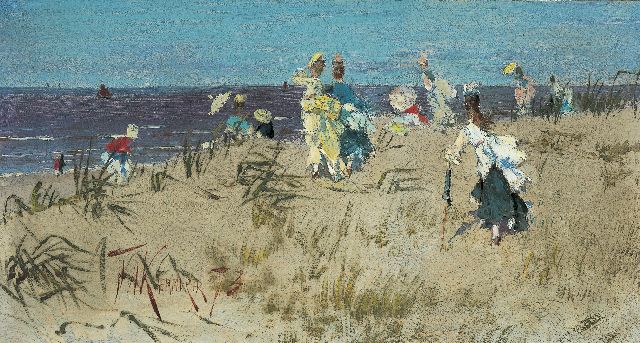 Kaemmerer F.H.  | Elegant ladies in the dunes, oil on paper laid down on canvas 15.5 x 27.4 cm, signed l.l. and dated '73