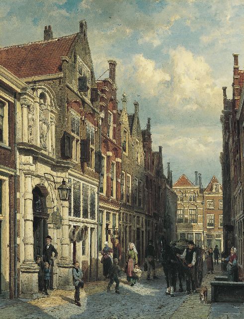 Cornelis Springer | View of the Vriesestraat, with the Gemeenteschool, Dordrecht, oil on panel, 52.1 x 40.4 cm, signed l.r. and dated 1885 on the reverse