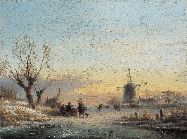 Kleijn L.J.  | Skaters on the ice by a 'koek en zopie', oil on panel 27.7 x 37.0 cm, signed l.r.