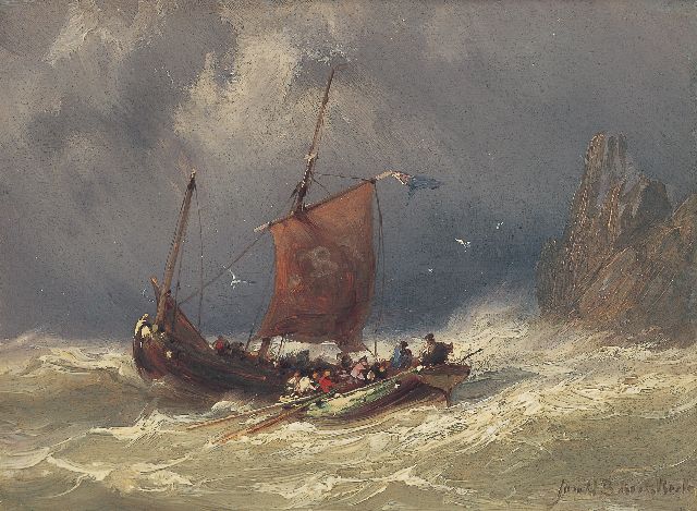 Koekkoek J.H.B.  | Shipping in stormy waters, oil on panel 11.8 x 16.1 cm, signed l.r.