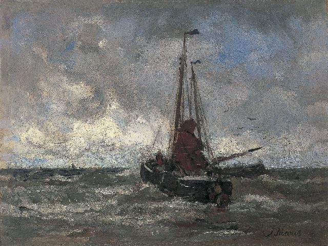 Jacob Maris | 'Bomschuit' in the surf, oil on canvas, 23.8 x 31.4 cm, signed l.r.