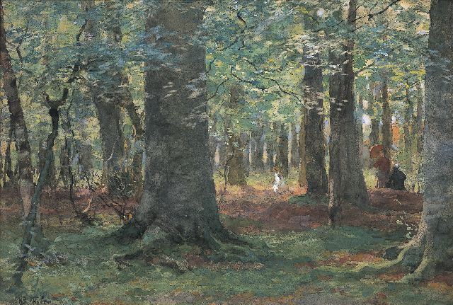 Tholen W.B.  | Figures in a forest landscape, watercolour on paper 33.0 x 47.4 cm, signed l.l.