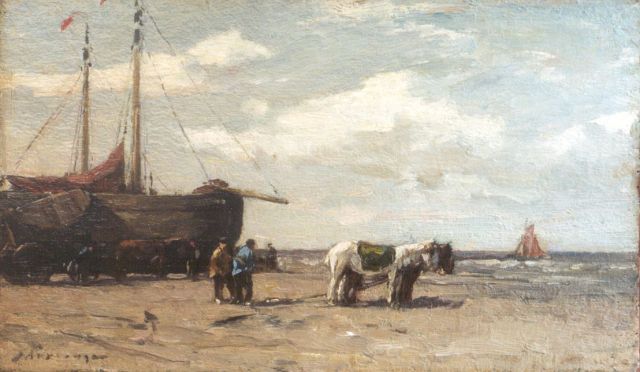 Johannes Evert Akkeringa | 'Bomschuiten' and figures on the beach, oil on panel, 14.3 x 24.3 cm, signed l.l.